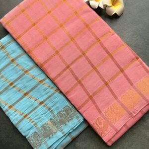 pink and blue big checked sungudi cotton saree