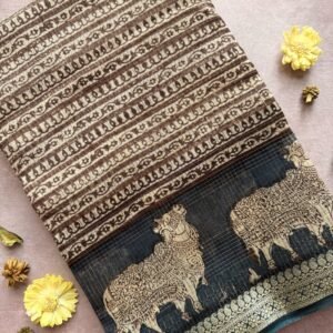 navy blue chanderi silk saree with nandhi