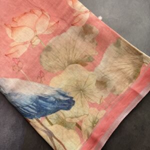 peach pink flemingo theme pure linen digital printed saree