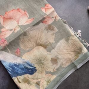 mehandi green flemingo theme pure linen digital printed saree