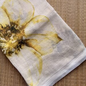 lemon yellow with white sunflower pure linen digital printed saree