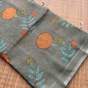 mehandi green marigold floral pure linen digital printed saree