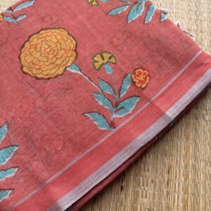 rust shade marigold floral pure linen digital printed saree