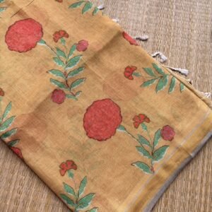 mustard yellow marigold floral pure linen digital printed saree