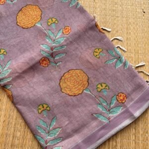 purple shade marigold floral pure linen digital printed saree