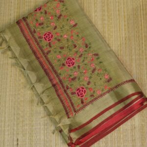 mehandi green linen by tissue saree (embroidery)