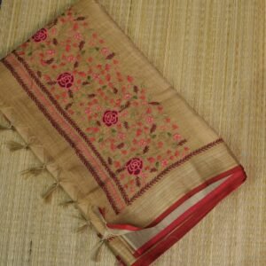 light mustard with dark beige linen by tissue saree (embroidery)