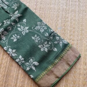 green with white munga tussar silk saree (block print)