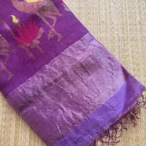 purple jamdani linen silk saree with flemingo motif