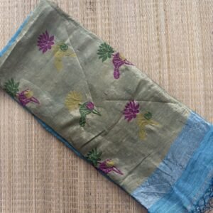 teal blue jamdani linen silk saree
