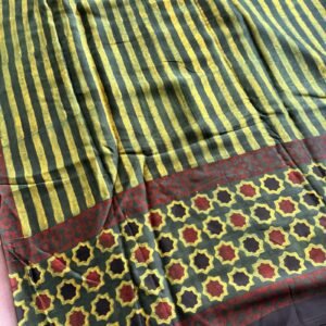 green and yellow striped with star blocks ajrakh modal silk saree