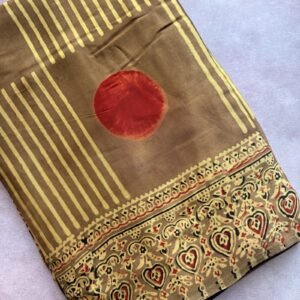 olive and mustard yellow polka blocks ajrakh modal silk saree