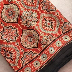 red maroon bhadam blocked pattern ajrakh modal silk saree