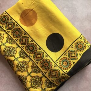 yellow polka dots pattern ajrakh modal silk saree