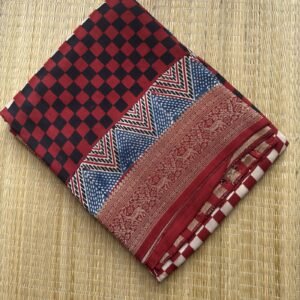 maroon white checked ajrakh dola silk saree