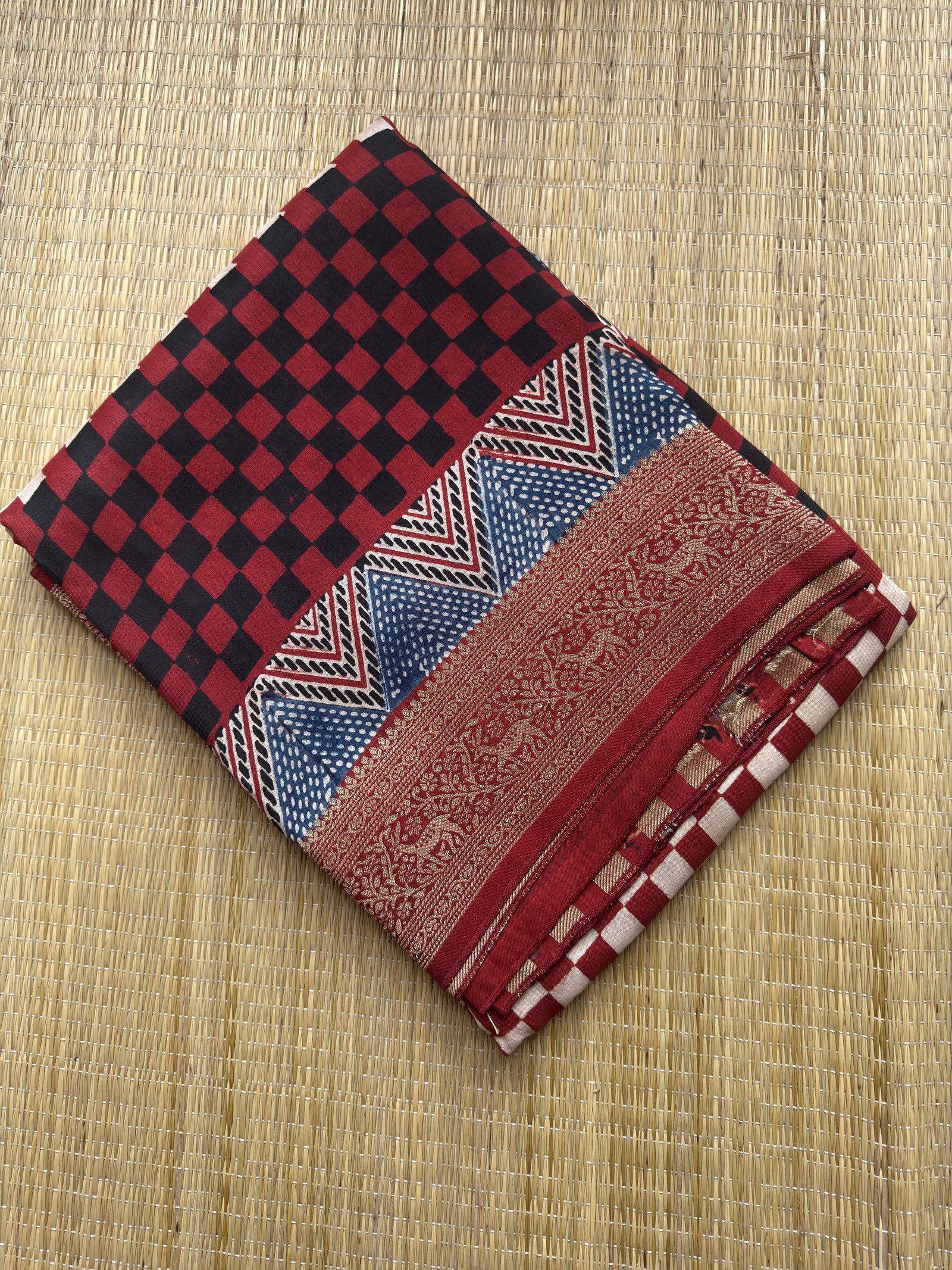maroon white checked ajrakh dola silk saree