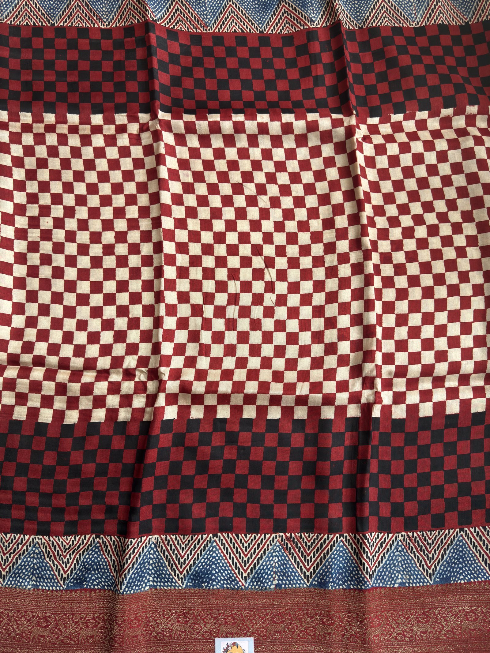 maroon white checked ajrakh dola silk saree