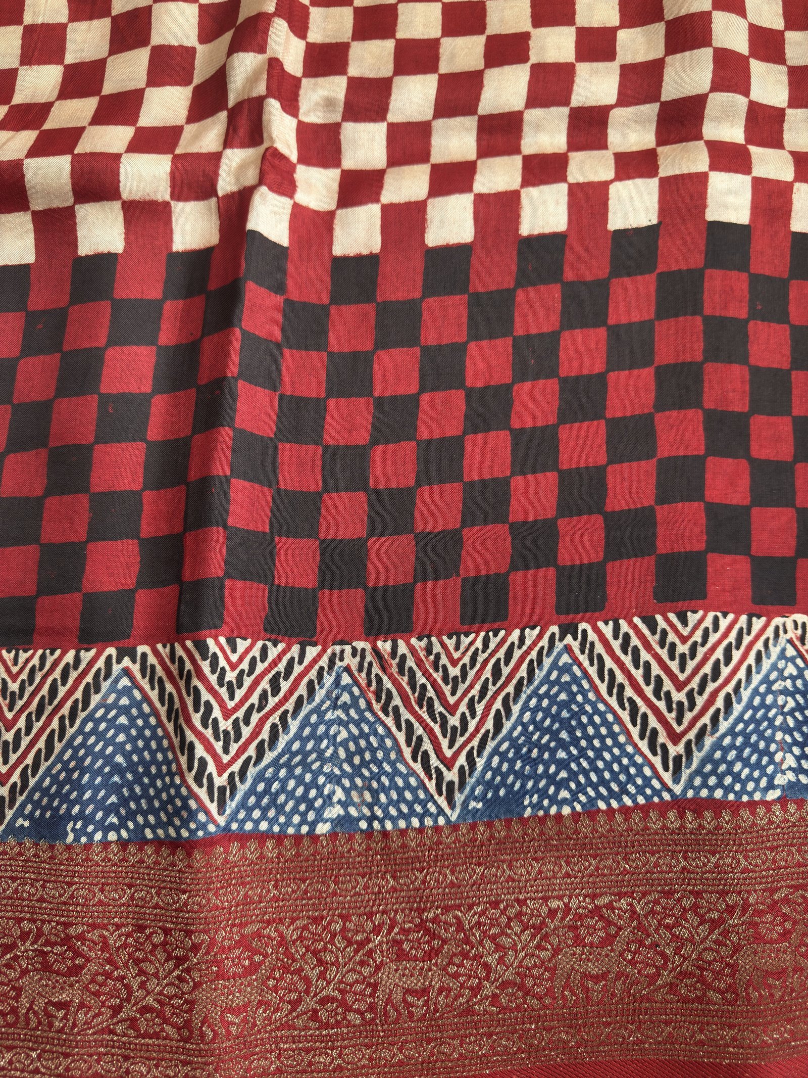 maroon white checked ajrakh dola silk saree