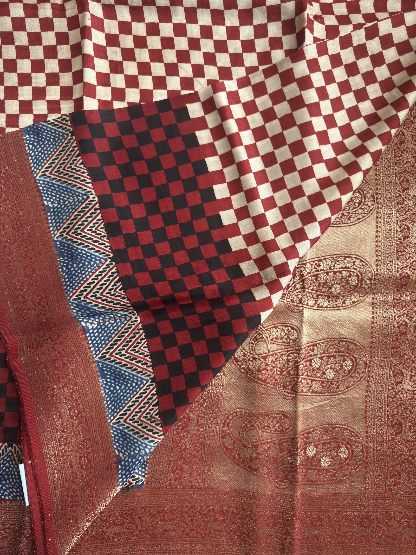 maroon white checked ajrakh dola silk saree