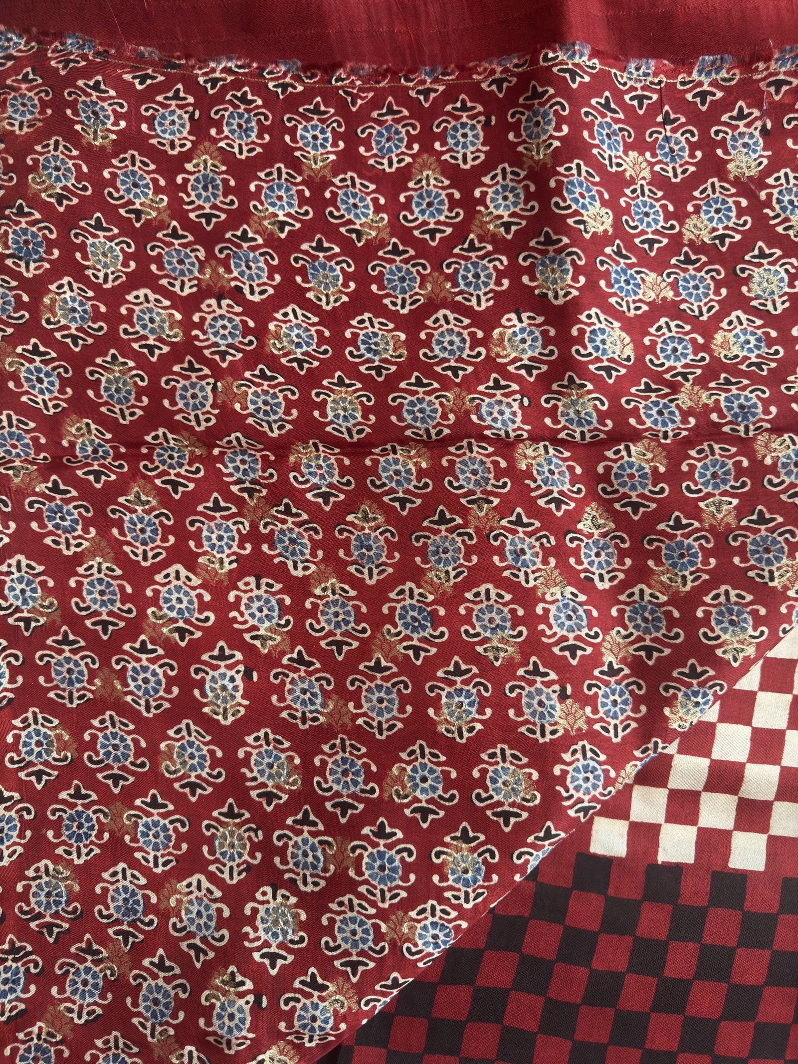 maroon white checked ajrakh dola silk saree