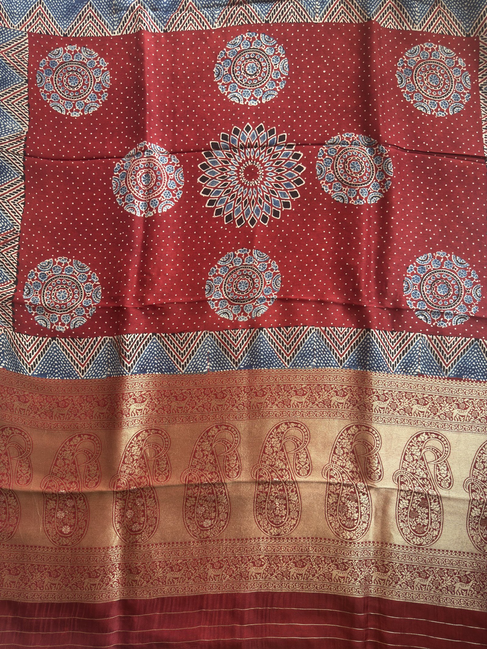 maroon white checked ajrakh dola silk saree