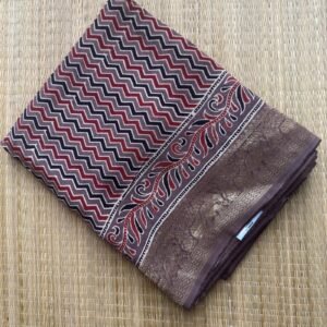 chevron maroon brown ajrakh dola silk saree