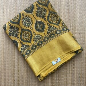 yellow shade ajrakh dola silk saree (badam block)