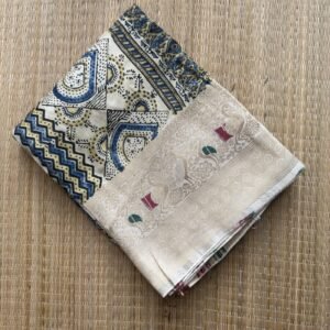 half white floral ajrakh dola silk saree