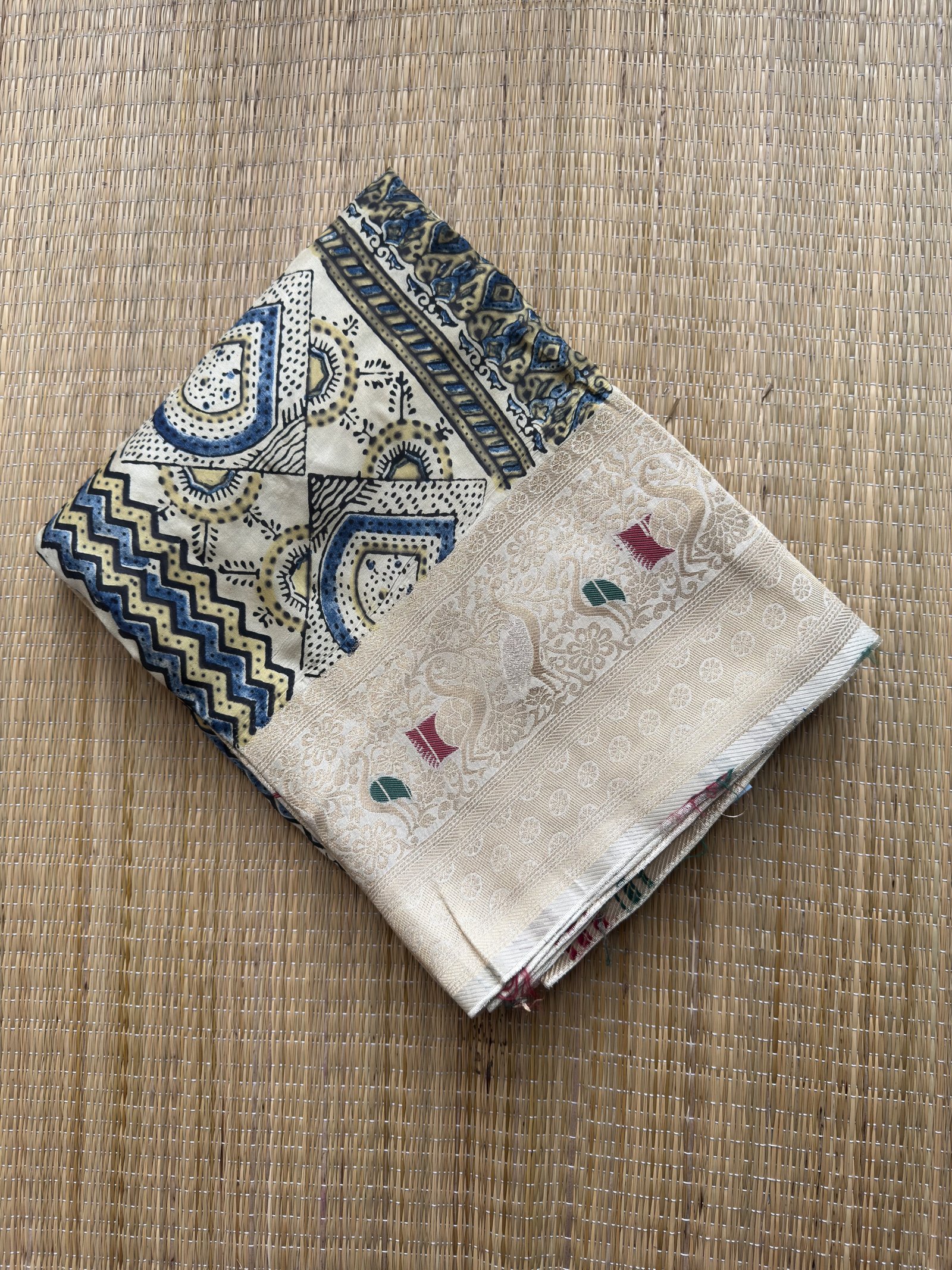 half white floral ajrakh dola silk saree