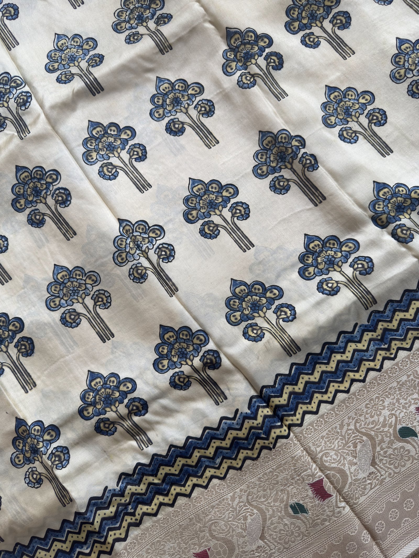half white floral ajrakh dola silk saree