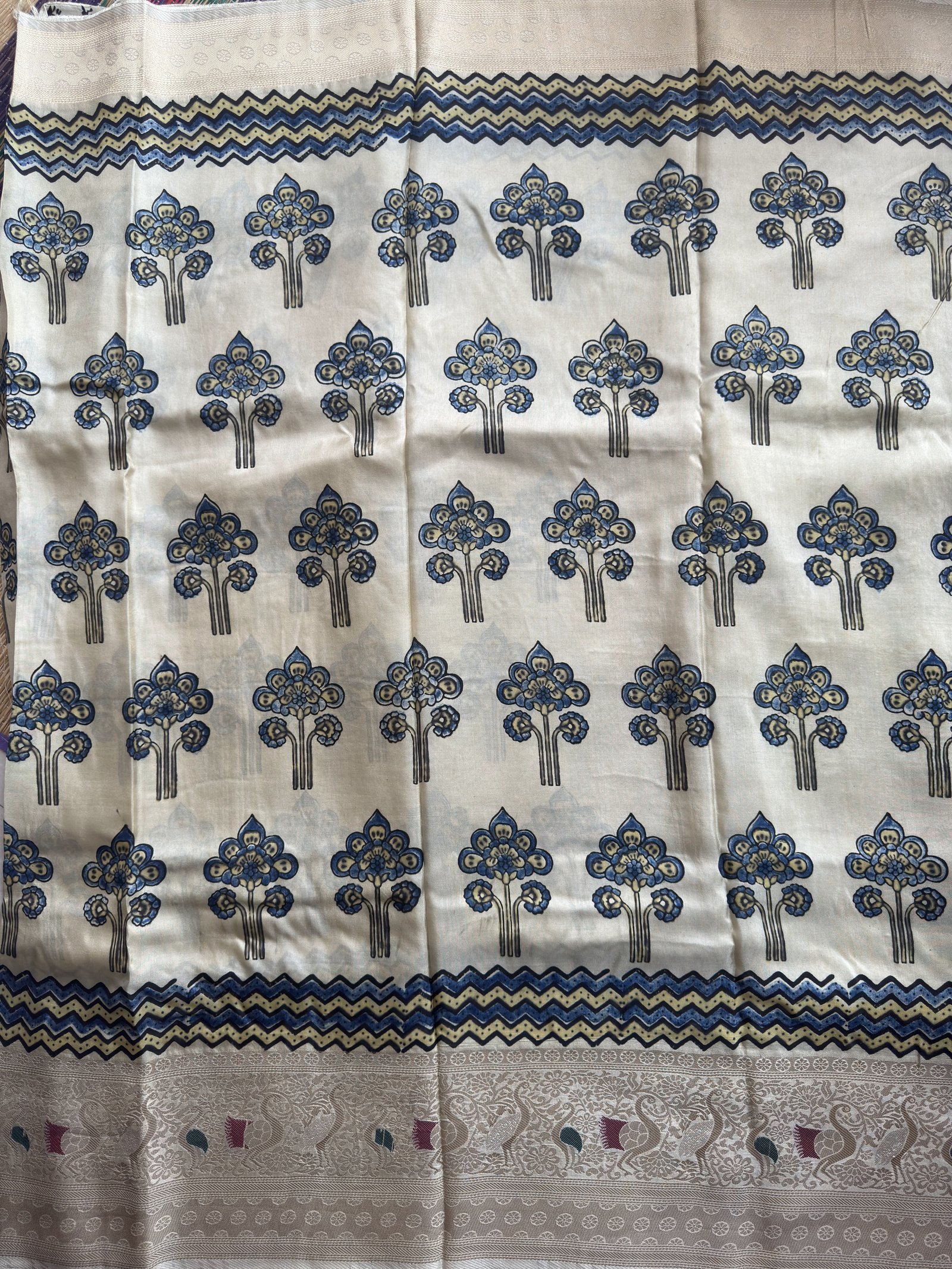 half white floral ajrakh dola silk saree