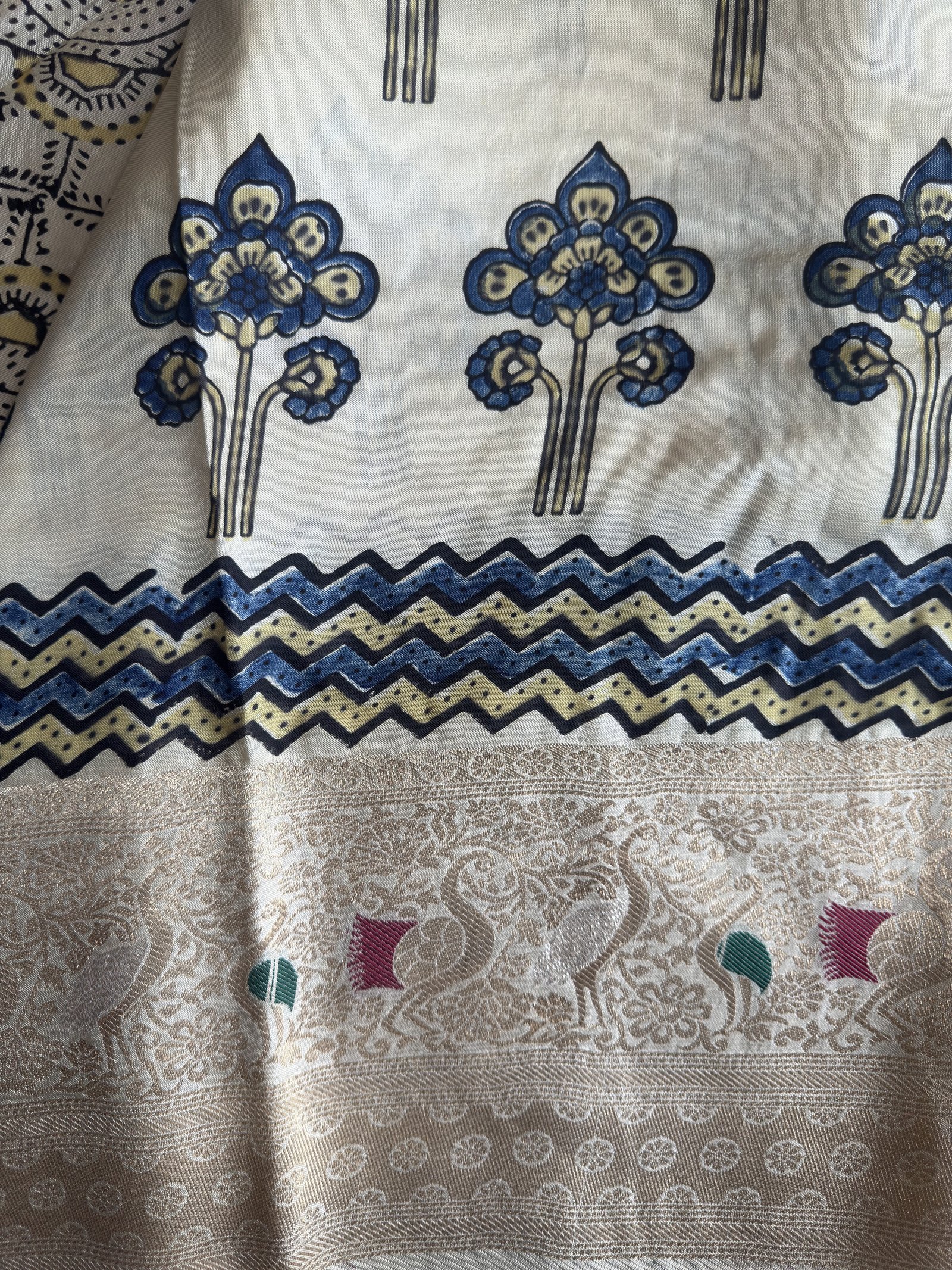 half white floral ajrakh dola silk saree