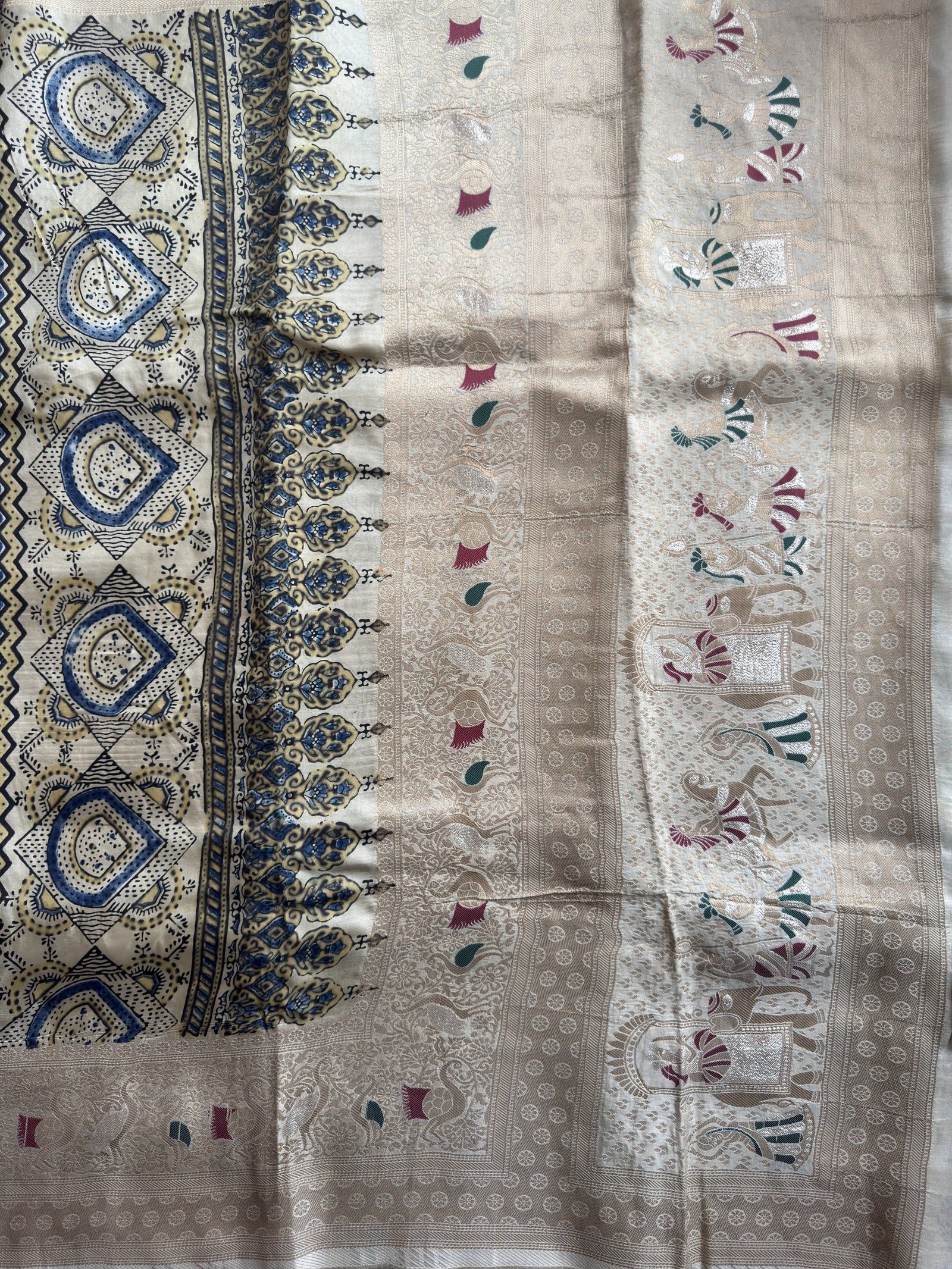 half white floral ajrakh dola silk saree