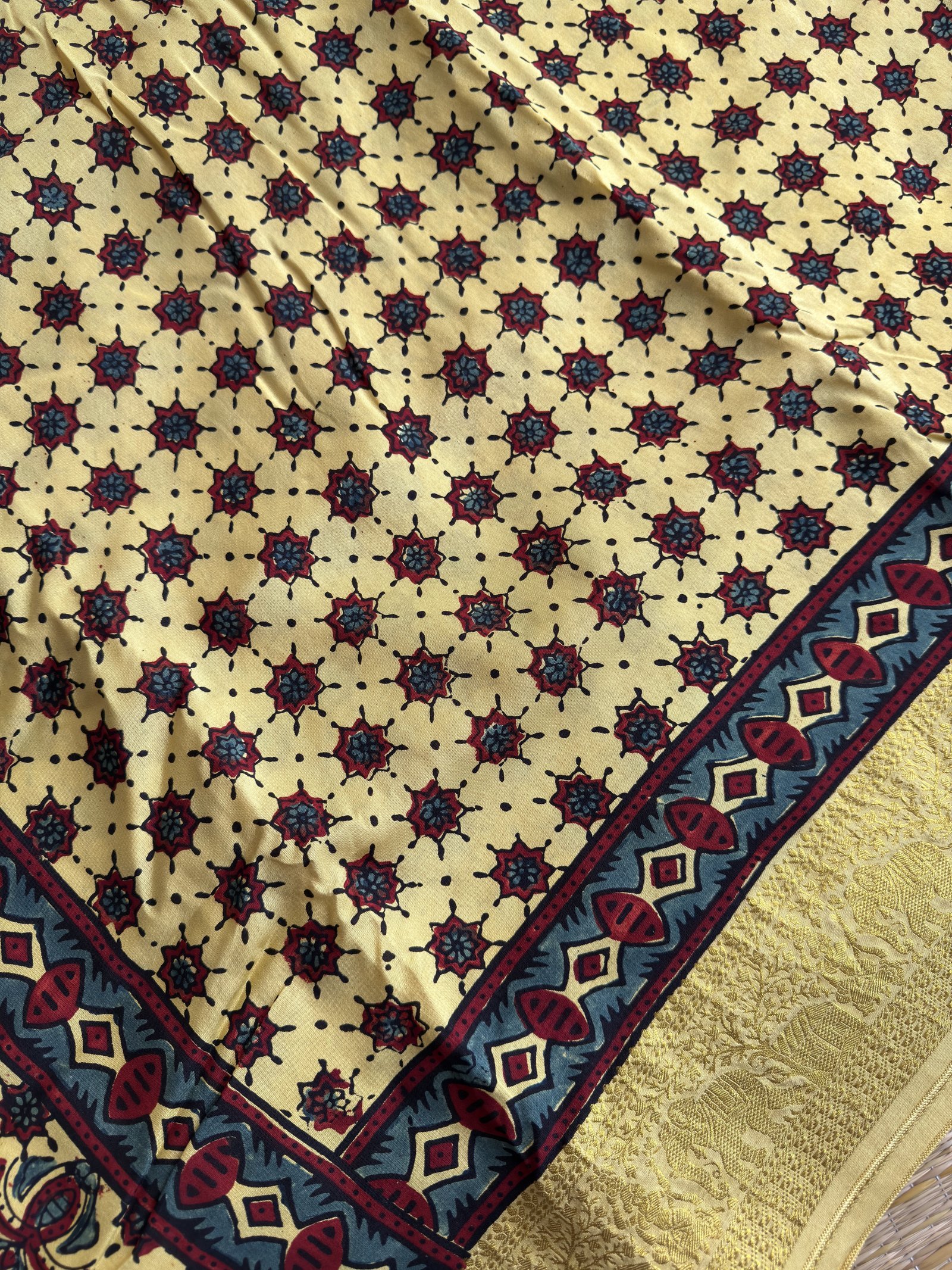 yellow ajrakh dola silk saree