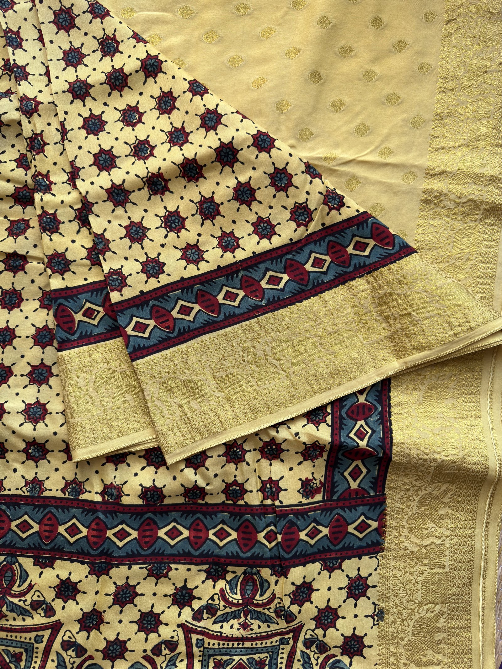 yellow ajrakh dola silk saree