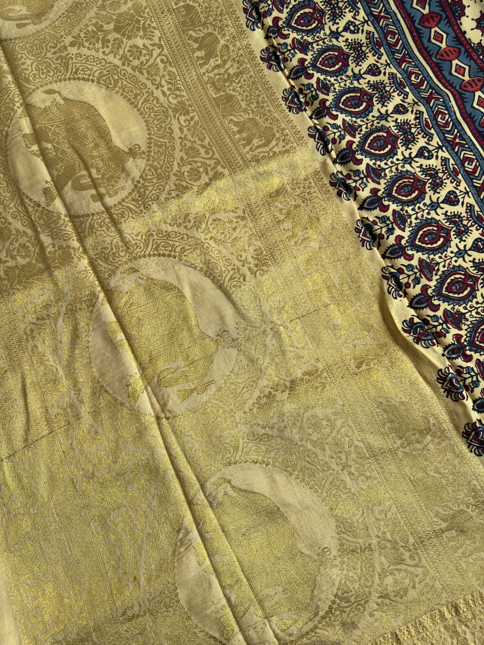 yellow ajrakh dola silk saree