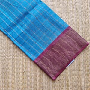 blue with wine solid colour checked tussar silk saree (with kk pallu & blouse)