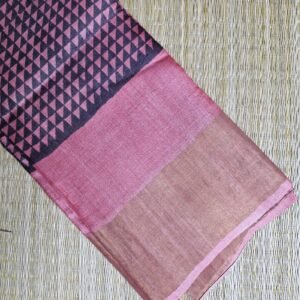 geometrical onion pink block printed tussar silk saree