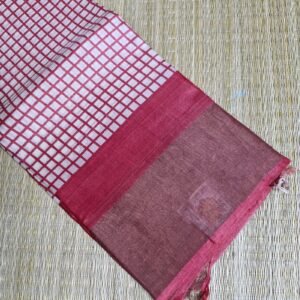red & white checked block printed tussar silk saree