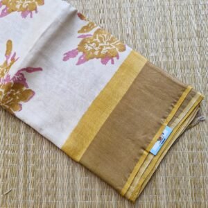 green and beige raindrop design digital printed tussar silk saree