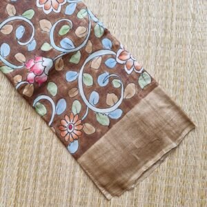 brown and rust kalamkari pattern handpainted desi tussar silk saree