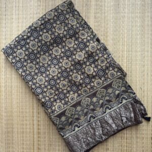 Brown & Black Star Block Ajrakh Dola Silk Saree