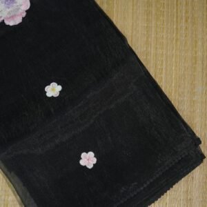 Black Glass Tissue Silk Saree with 3D Appliqué Work