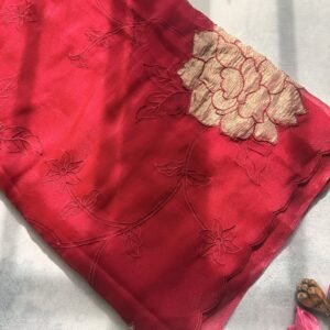 Deep Pink Tissue Organza Saree with Appliqué Patch and Scalloped Borders