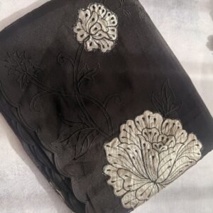 Jet Black Tissue Organza Saree with Appliqué Patch and Scalloped Borders (Design 1)