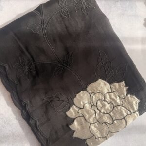 Jet Black Tissue Organza Saree with Appliqué Patch and Scalloped Borders (Design 2)