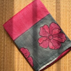 Pink and Grey Hand Painted Tussar Silk Saree
