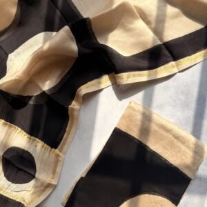 Beige and Black Polka Panel Pattern Ajrakh Mul Chanderi Unstitched Suit