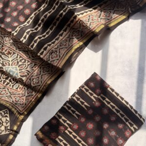 Black and Maroon Geometrical Floral Ajrakh Mul Chanderi Unstitched Suit
