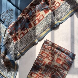 Indigo and Maroon Ajrakh Mul Chanderi Unstitched Suit